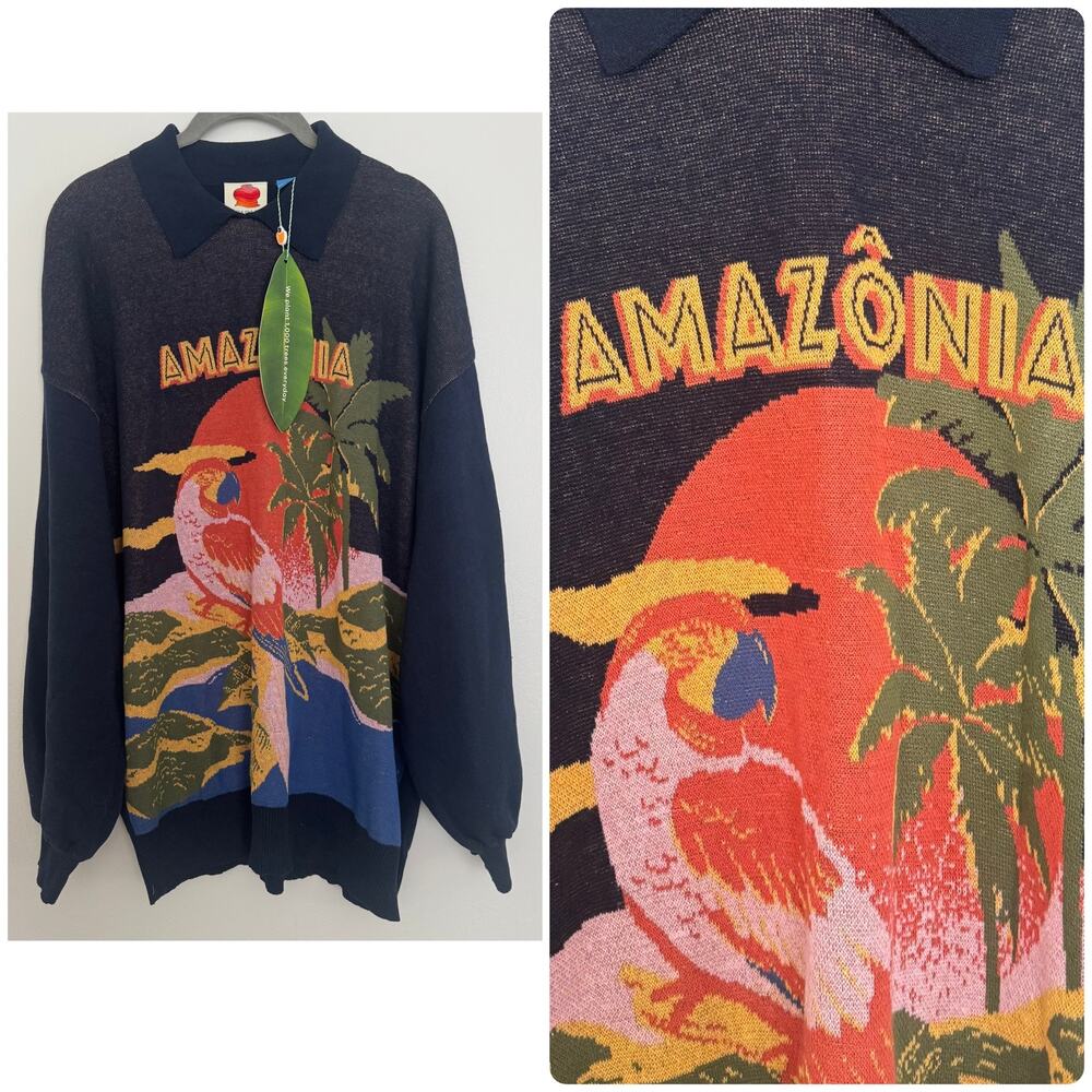 Farm Rio for Anthropologie Knit ‘Amazonia’ Polo Sweater, Macaws/Palm Trees